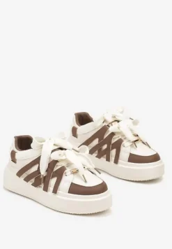 Brązowe Sznurowane Sneakersy na Platformie Ozdobione Paskami Lerinique