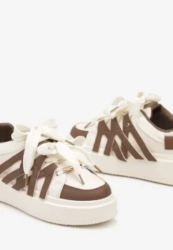 Brązowe Sznurowane Sneakersy na Platformie Ozdobione Paskami Lerinique