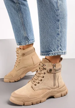 Brązowe Sznurowane Traperki z Ekozamszu z Suwakiem i Paskiem z Napisami Dikofena