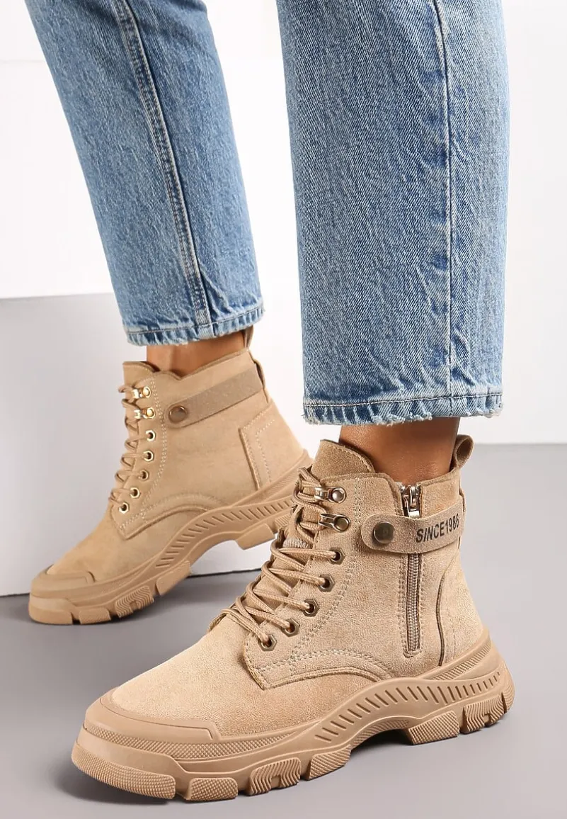 Brązowe Sznurowane Traperki z Ekozamszu z Suwakiem i Paskiem z Napisami Dikofena