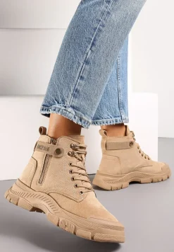 Brązowe Sznurowane Traperki z Ekozamszu z Suwakiem i Paskiem z Napisami Dikofena