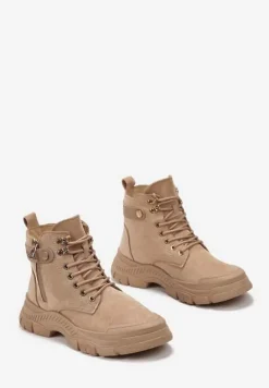 Brązowe Sznurowane Traperki z Ekozamszu z Suwakiem i Paskiem z Napisami Dikofena