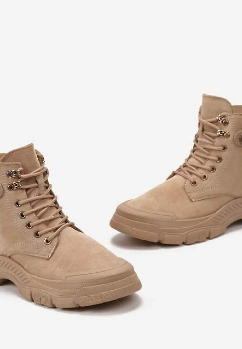 Brązowe Sznurowane Traperki z Ekozamszu z Suwakiem i Paskiem z Napisami Dikofena