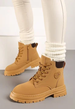 Brązowe Sznurowane Traperki na Płaskim Obcasie ze Sztucznym Futerkiem Diarrave