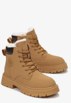 Brązowe Sznurowane Traperki na Płaskim Obcasie ze Sztucznym Futerkiem Diarrave