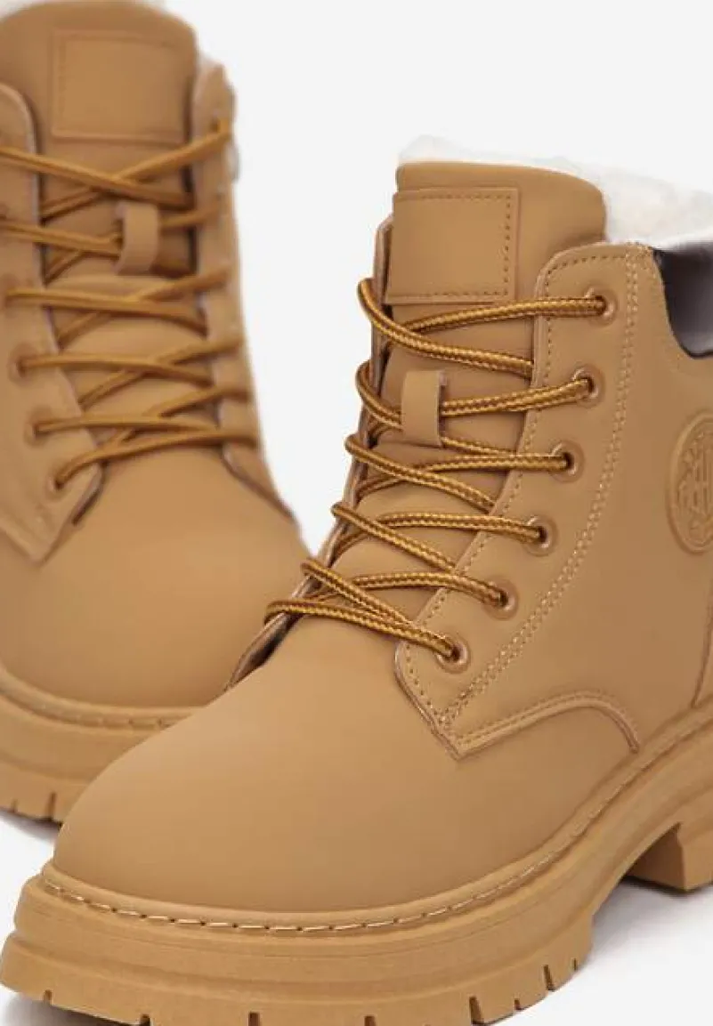 Brązowe Sznurowane Traperki na Płaskim Obcasie ze Sztucznym Futerkiem Diarrave