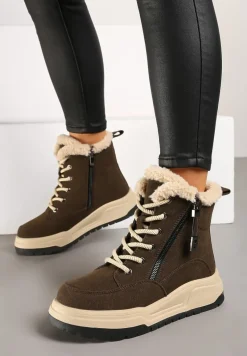 Brązowe Sznurowane Trapery Ocieplane na Płaskiej Podeszwie Ozdobione Suwakiem Esaviren