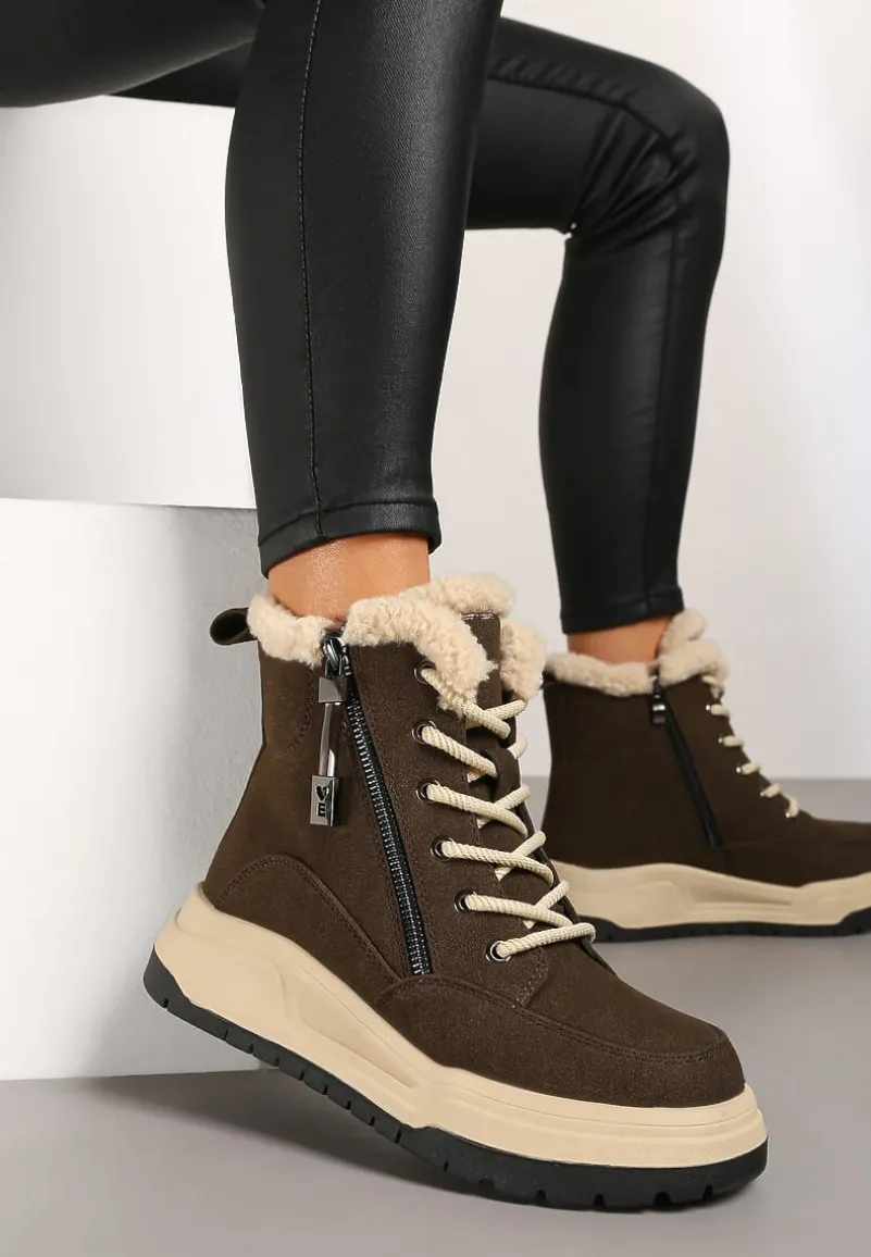 Brązowe Sznurowane Trapery Ocieplane na Płaskiej Podeszwie Ozdobione Suwakiem Esaviren