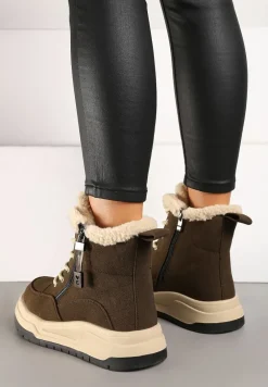 Brązowe Sznurowane Trapery Ocieplane na Płaskiej Podeszwie Ozdobione Suwakiem Esaviren