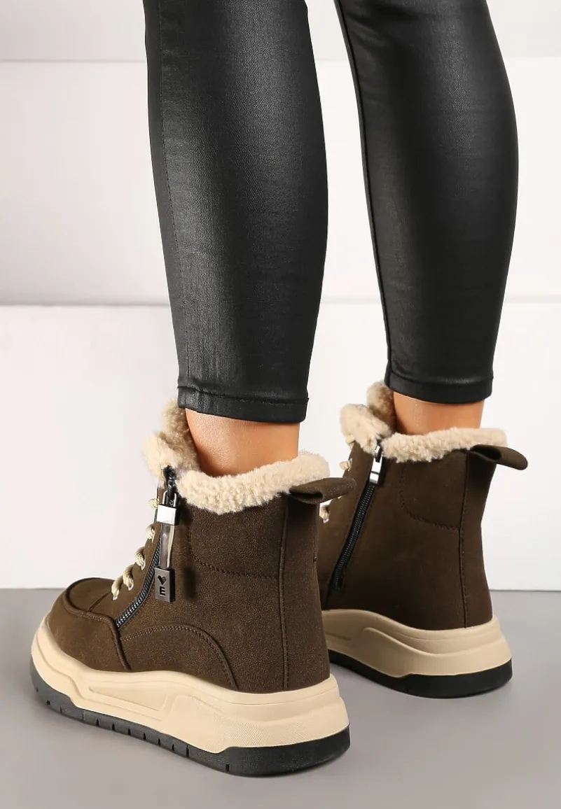 Brązowe Sznurowane Trapery Ocieplane na Płaskiej Podeszwie Ozdobione Suwakiem Esaviren
