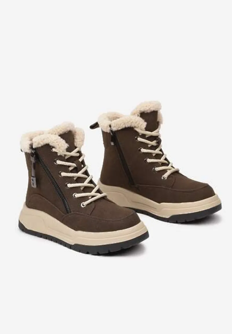 Brązowe Sznurowane Trapery Ocieplane na Płaskiej Podeszwie Ozdobione Suwakiem Esaviren