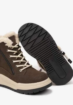 Brązowe Sznurowane Trapery Ocieplane na Płaskiej Podeszwie Ozdobione Suwakiem Esaviren