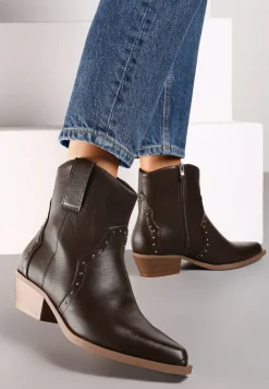 Brązowe Szpiczaste Botki w Stylu Kowbojskim z Nitami Mevanta