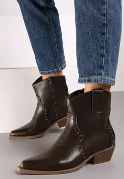 Brązowe Szpiczaste Botki w Stylu Kowbojskim z Nitami Mevanta