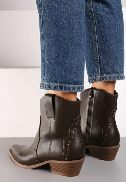 Brązowe Szpiczaste Botki w Stylu Kowbojskim z Nitami Mevanta