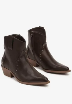 Brązowe Szpiczaste Botki w Stylu Kowbojskim z Nitami Mevanta