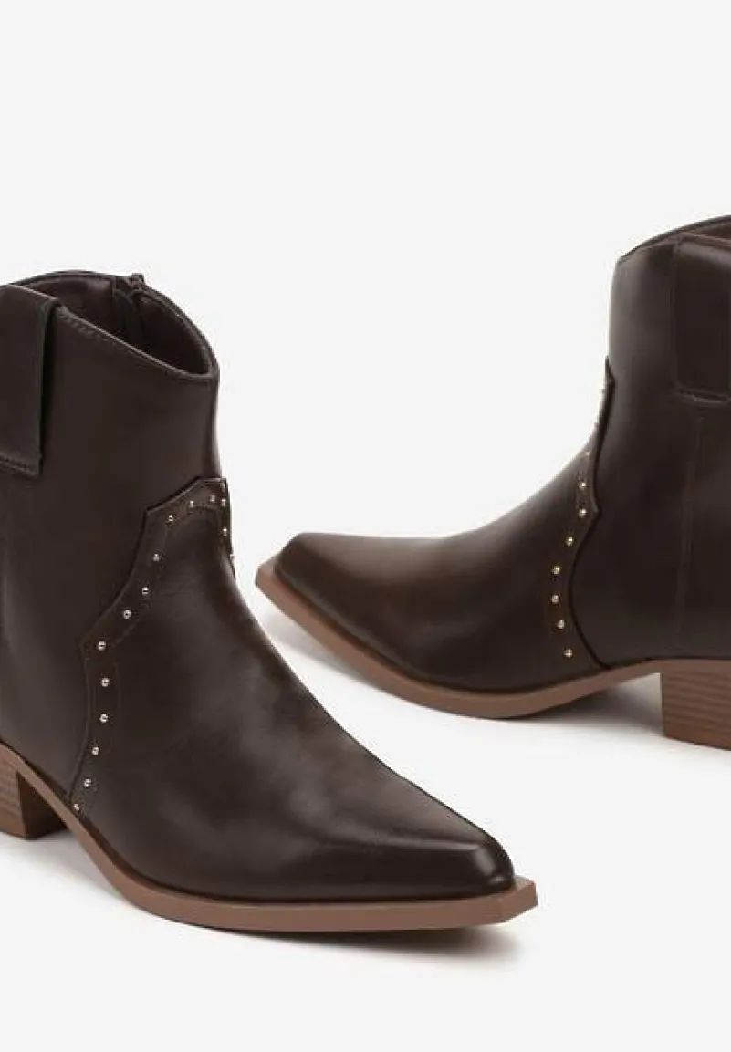 Brązowe Szpiczaste Botki w Stylu Kowbojskim z Nitami Mevanta