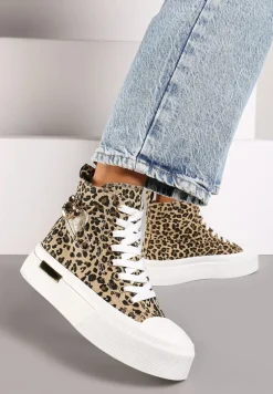 Brązowe Trampki z Wysoką Cholewką na Platformie Wykończone Brokatową Broszką Terilaina