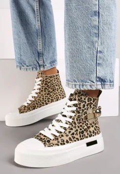 Brązowe Trampki z Wysoką Cholewką na Platformie Wykończone Brokatową Broszką Terilaina