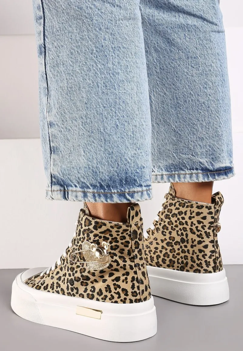 Brązowe Trampki z Wysoką Cholewką na Platformie Wykończone Brokatową Broszką Terilaina