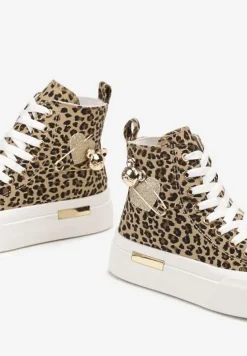 Brązowe Trampki z Wysoką Cholewką na Platformie Wykończone Brokatową Broszką Terilaina