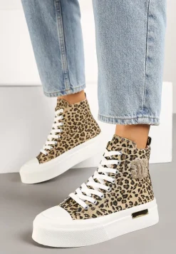 Brązowe Trampki za Kostkę na Platformie z Ozdobną Wstawką i Wzorem w Panterkę Mesidra