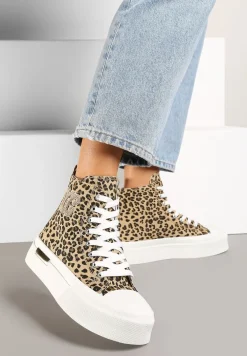 Brązowe Trampki za Kostkę na Platformie z Ozdobną Wstawką i Wzorem w Panterkę Mesidra