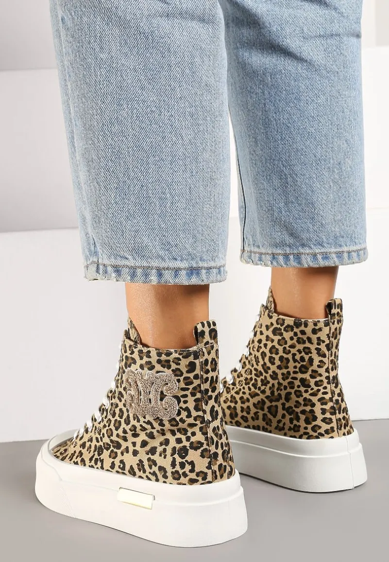 Brązowe Trampki za Kostkę na Platformie z Ozdobną Wstawką i Wzorem w Panterkę Mesidra