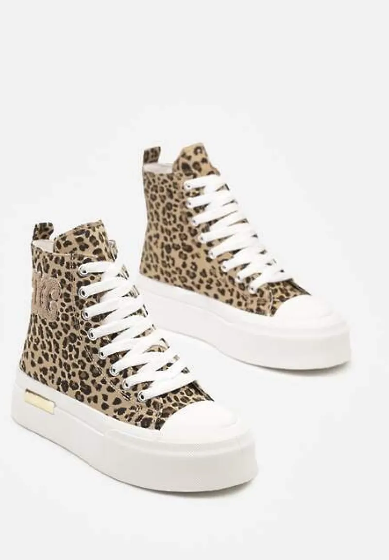 Brązowe Trampki za Kostkę na Platformie z Ozdobną Wstawką i Wzorem w Panterkę Mesidra