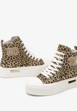 Brązowe Trampki za Kostkę na Platformie z Ozdobną Wstawką i Wzorem w Panterkę Mesidra