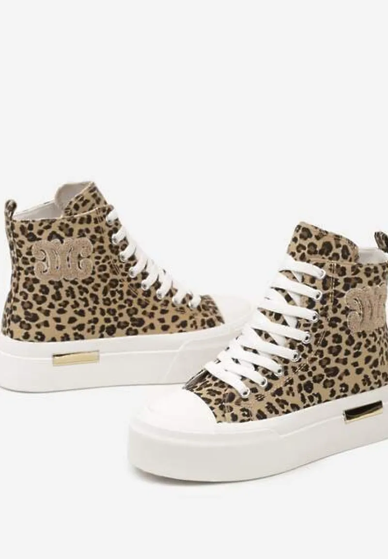 Brązowe Trampki za Kostkę na Platformie z Ozdobną Wstawką i Wzorem w Panterkę Mesidra