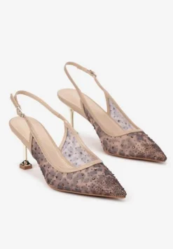 Brązowe Transparentne Sandały w Panterkę na Szpilce z Odkrytą Piętą i Cyrkoniami Nelithe