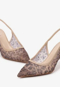 Brązowe Transparentne Sandały w Panterkę na Szpilce z Odkrytą Piętą i Cyrkoniami Nelithe