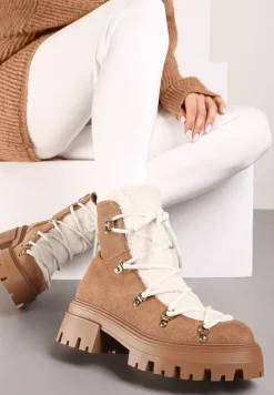 Brązowe Traperki na Platformie Ozdobione Wiązaniem Sairiana