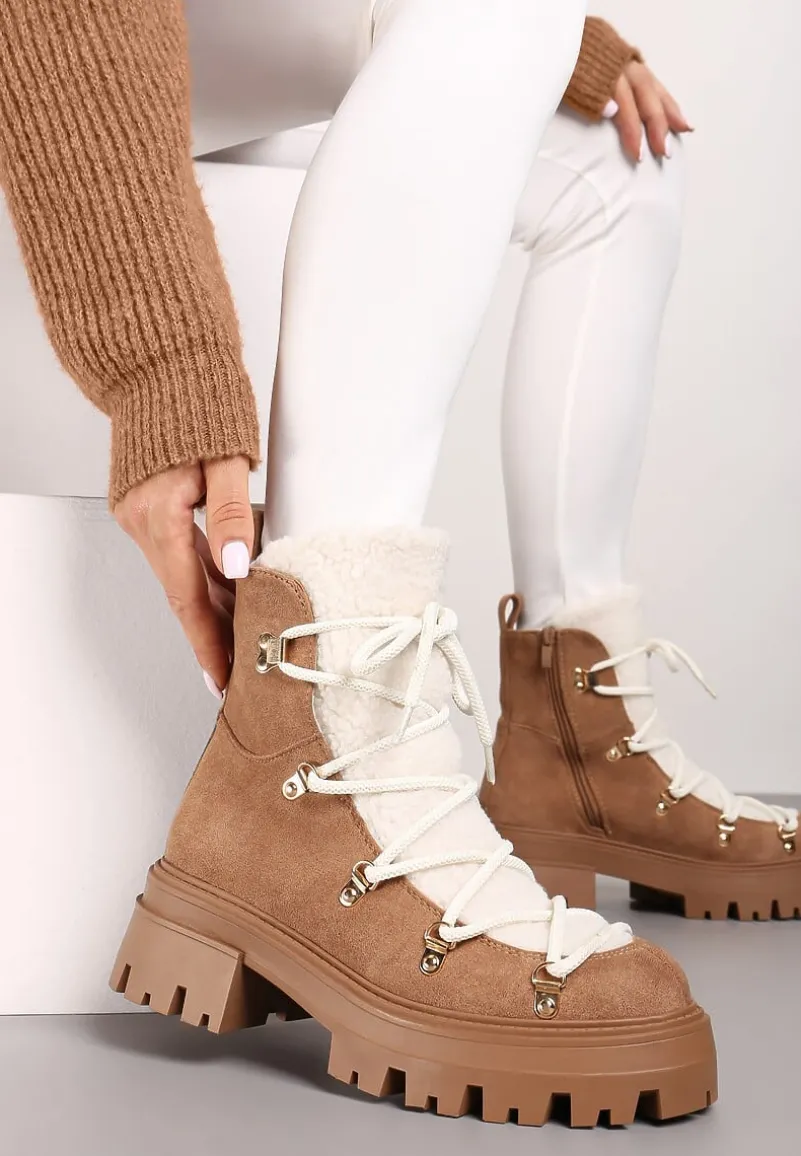 Brązowe Traperki na Platformie Ozdobione Wiązaniem Sairiana