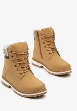 Brązowe Traperki Ozdobione Pluszowym Futerkiem Wokół Cholewki Mesiga