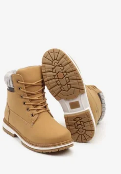 Brązowe Traperki Ozdobione Pluszowym Futerkiem Wokół Cholewki Mesiga