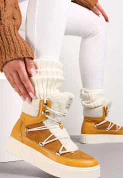 Brązowe Traperki Skórzane Sznurowane na Platformie Yamo