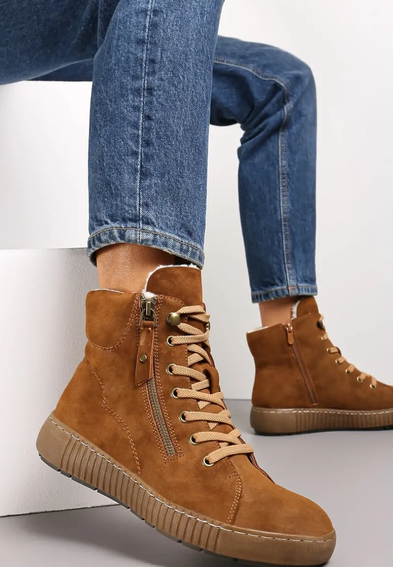 Brązowe Traperki Sportowe ze Sznurowaniem i Ociepleniem Persetina