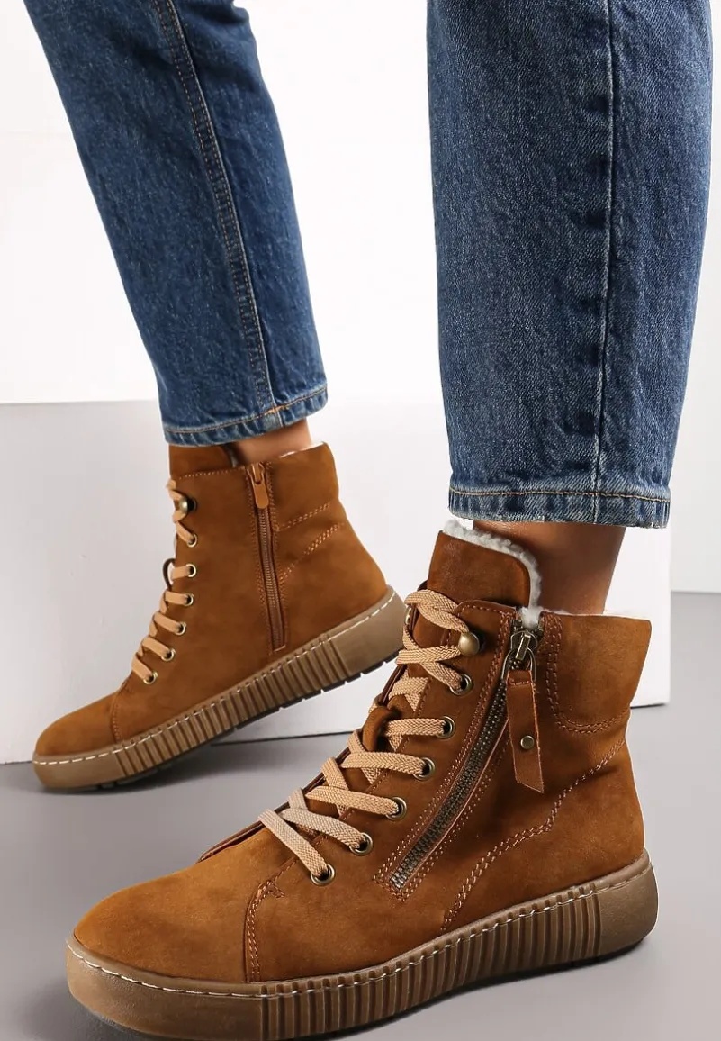 Brązowe Traperki Sportowe ze Sznurowaniem i Ociepleniem Persetina