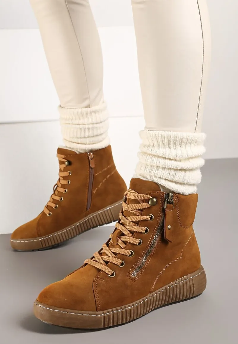 Brązowe Traperki Sportowe ze Sznurowaniem i Ociepleniem Persetina