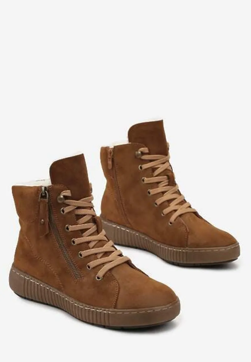 Brązowe Traperki Sportowe ze Sznurowaniem i Ociepleniem Persetina