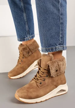 Brązowe Trapery ze Sznurowaną Cholewką z Futrem Zdobione Wstawką przy Podeszwie Nelothiel
