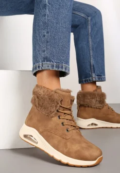 Brązowe Trapery ze Sznurowaną Cholewką z Futrem Zdobione Wstawką przy Podeszwie Nelothiel