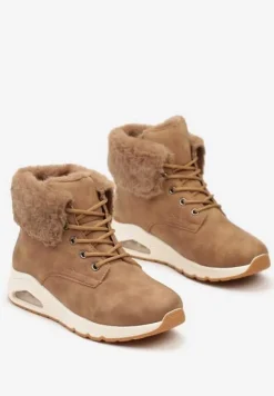 Brązowe Trapery ze Sznurowaną Cholewką z Futrem Zdobione Wstawką przy Podeszwie Nelothiel