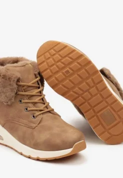 Brązowe Trapery ze Sznurowaną Cholewką z Futrem Zdobione Wstawką przy Podeszwie Nelothiel