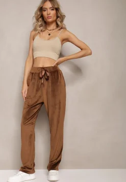 Brązowe Welurowe Spodnie Dresowe z Luźnymi Nogawkami Heliotte