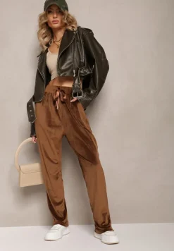 Brązowe Welurowe Spodnie Dresowe z Luźnymi Nogawkami Heliotte