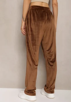 Brązowe Welurowe Spodnie Dresowe z Luźnymi Nogawkami Heliotte