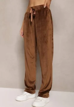 Brązowe Welurowe Spodnie Dresowe z Luźnymi Nogawkami Heliotte